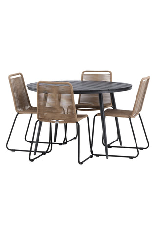 Venture Home Break - Matbord Runt- Svart / Svart - Alu / Aintwood - 120ø _1+ Lindos Stacking Chair - Svart Alu / Latte Rep _4