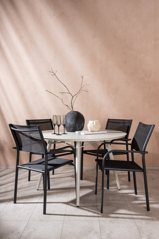 Venture Home Lina Matbord - Beige - Runt 120 cm _1+ Santorini Arm Chair (staplingsbar) - Svart alu / Svart Textilene _4